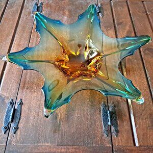 Hand-Blown Murano Style Glass Dish 6 Point Starfish-Turquoise Blue & Amber Ombre